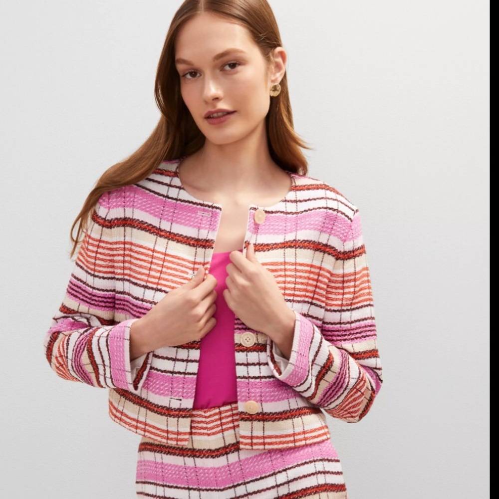 Ann Taylor pink Neutral/Red Multi crew neck tweed jacket size 12 brand new